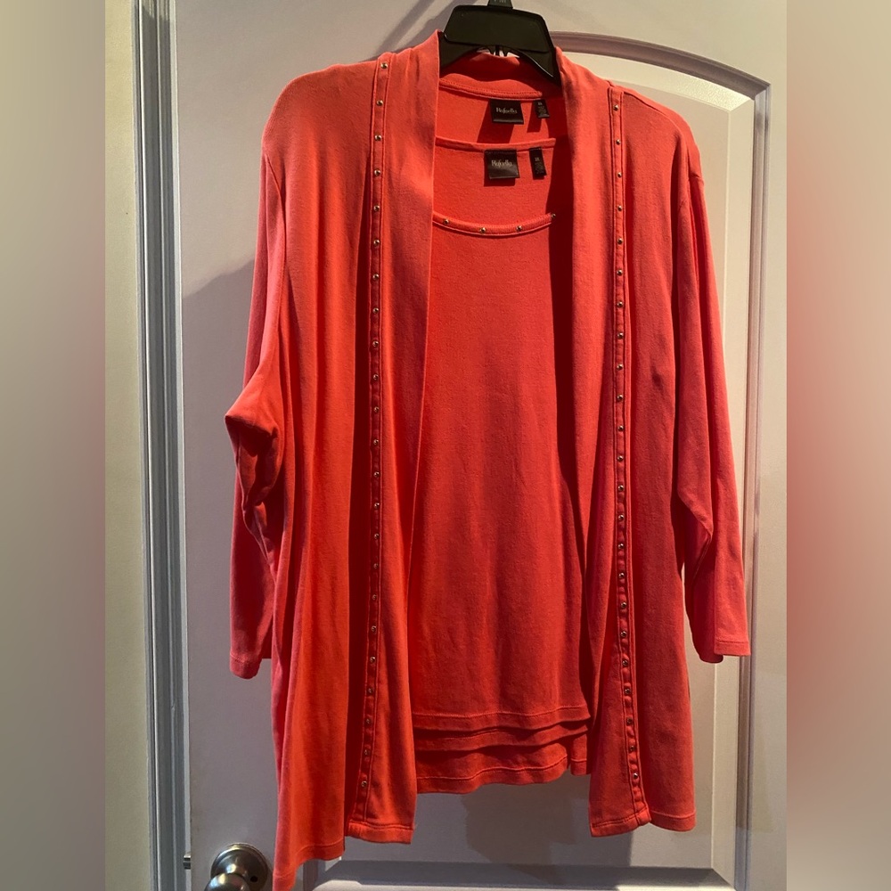 Rafaella 2xl Salmon Women's Tank/cardigan Set with Studded Details